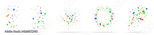 Five 3d vector illustrations of colorful confetti particles. Bright explosion of celebration material for festive design elements.