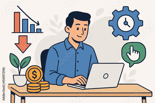 Businessman at Desk with Laptop Analyzing Declining Profits, Cost Reduction, Time Management, Financial Growth, Productivity, Modern Flat Vector Cartoon Illustration