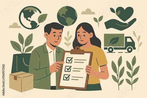 Sustainable procurement concept, eco-friendly business practices, ethical sourcing, green supply chain management, environmental responsibility, checklist, modern flat vector illustration