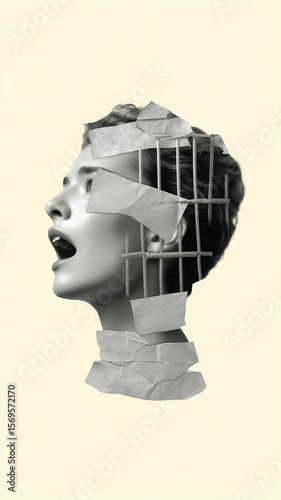 Surreal paper collage art woman open mouth emotional cage trapped black and white conceptual