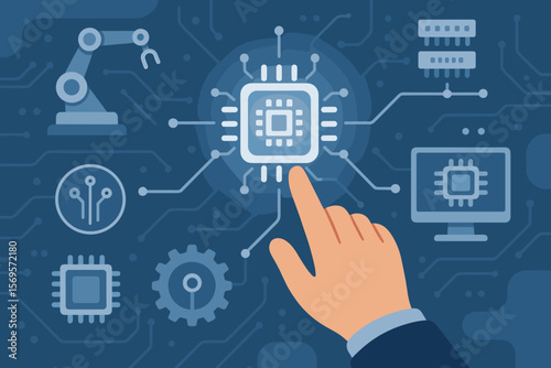 Industrial technology innovation concept. Hand touching microchip icon on virtual interface. Automation, electronics, robotics, circuit board, digital transformation, engineering vector