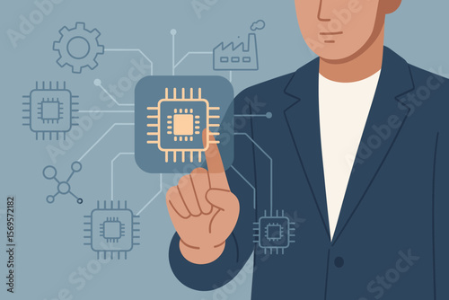 Businessman Touching Virtual Microchip Interface, Modern Technology Innovation, Industrial Electronics, Digital Transformation, Circuit Board Network, Flat Vector Illustration