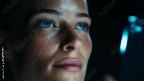 A woman relaxes with a serene expression as bright dots illuminate her face during a beauty treatment.