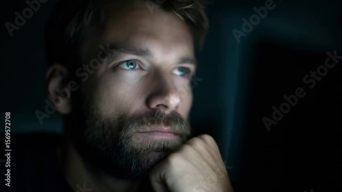Focused man contemplating ideas in a dimly lit environment late at night