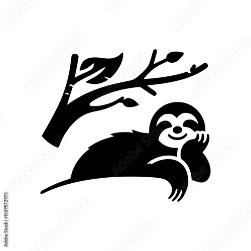 Cute sloth hanging on tree branch silhouette