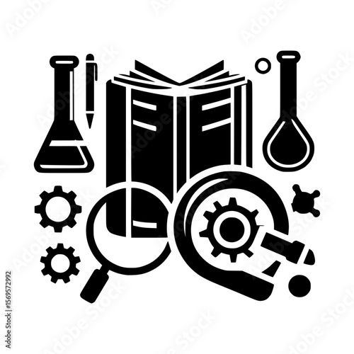 Science and technology symbols including a book flasks gears and magnifying glass