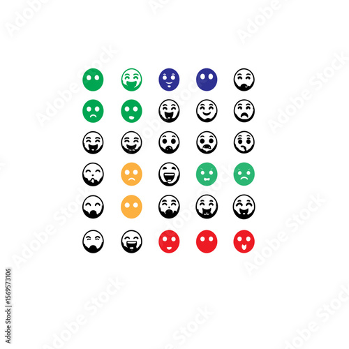 Collection of colorful and monochrome emoji faces on white background