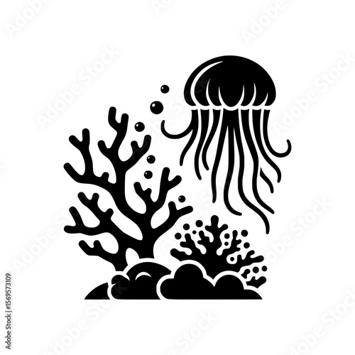 Black and white jellyfish and coral reef illustration