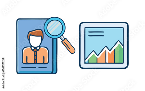 Recruitment analysis with magnifying glass and data chart illustration.