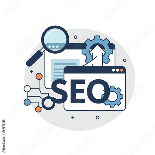 SEO Flat Icon – Magnifying Glass and Ranking Symbol for Digital Marketing.....A modern flat vector icon representing SEO (Search Engine Optimization). The design includes a magnifying glass over the l