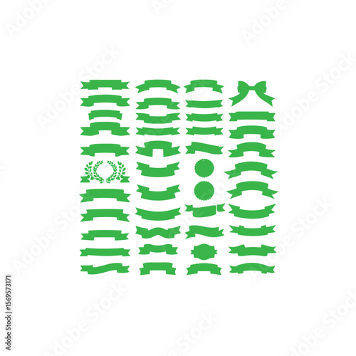 Collection of various green banners ribbons and decorative elements