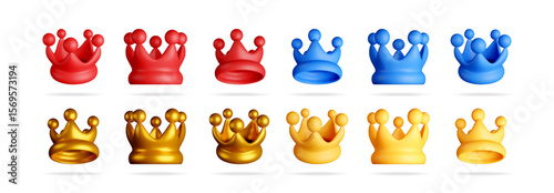 Collection of 3d vector crowns in red, blue, and gold with soft shadows. Rendered for design element or game asset.