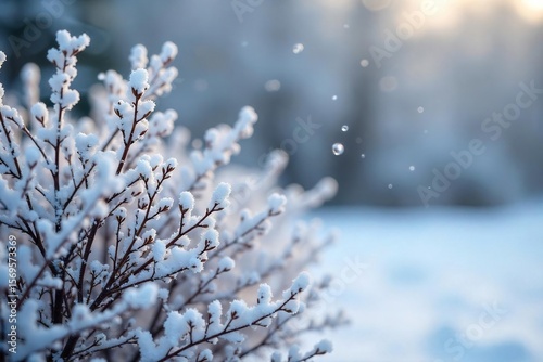 Pristine Winter Scene Close-up of Snow-Covered Brush Against Frosted Branches in Softly Falling Snow