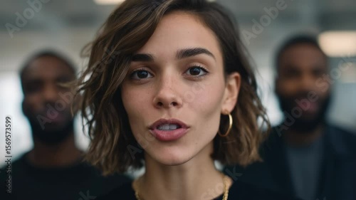 A confident young woman engages with the camera, surrounded by a diverse group in a contemporary office. The setting features natural light and dynamic energy, emphasizing collaboration and diversity