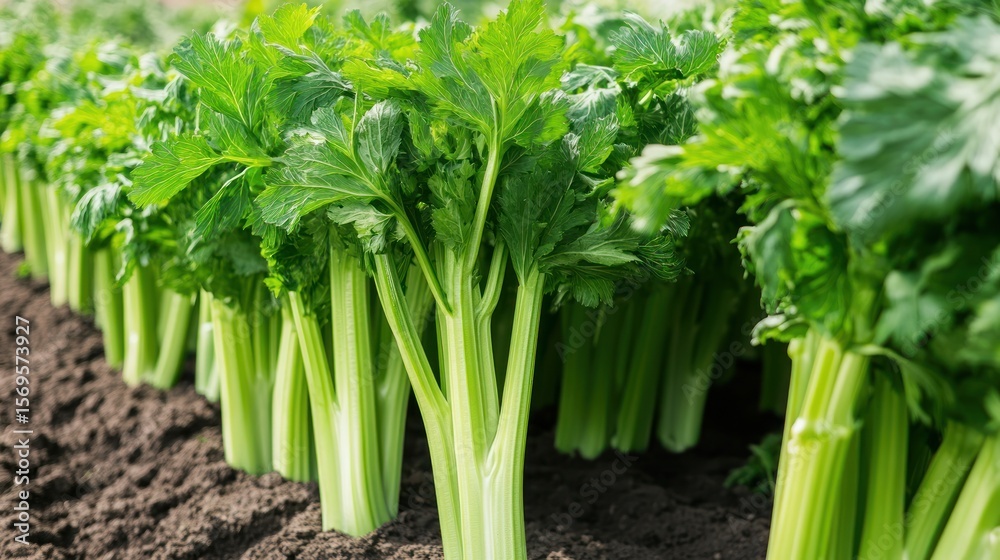 Obraz premium Celery stalks growing in rows