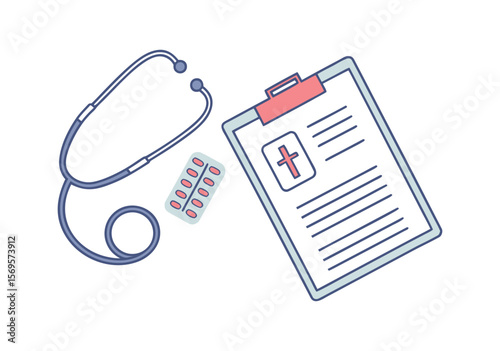 Medical Tools and Documents Stethoscope Pills and Patient Record Clipboard.