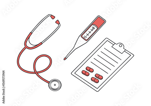 Medical tools and supplies for healthcare including stethoscope thermometer and pills.