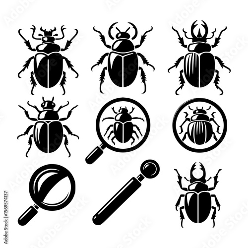 Collection of black beetle silhouettes with magnifying glasses