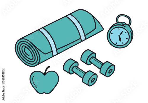 Fitness and Wellness Still Life Yoga Mat Weights Clock and Apple.