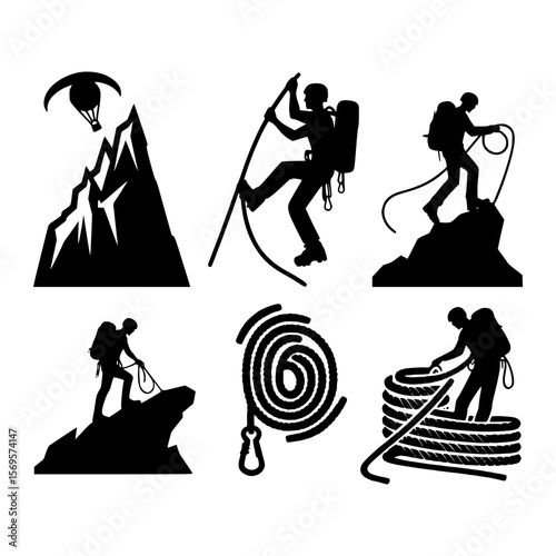 Mountain climbing silhouettes climbers ropes and paragliding