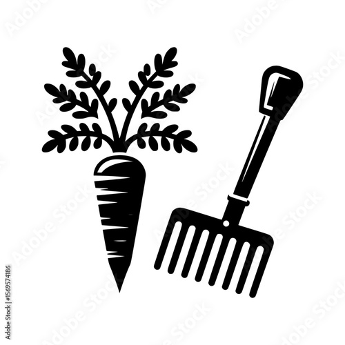Black and white carrot and garden hand rake illustration