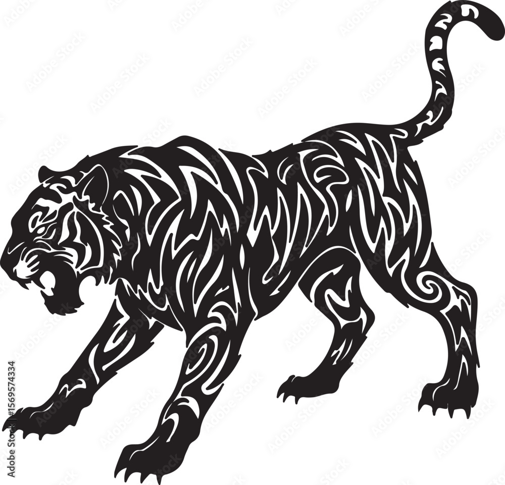 Obraz premium Stylized tribal tiger silhouette, sharp angular patterns, aggressive stance, abstract claws and tail, black ink design on white background, tattoo style Adobe Illustrator Artwork