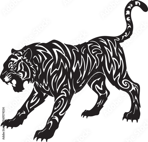 Stylized tribal tiger silhouette, sharp angular patterns, aggressive stance, abstract claws and tail, black ink design on white background, tattoo style Adobe Illustrator Artwork