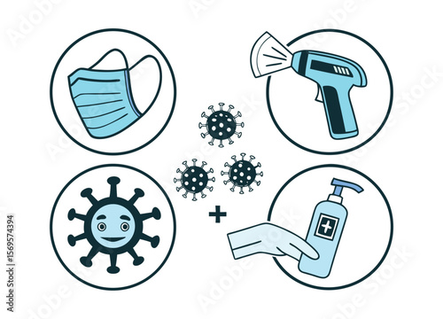 Cartoon Illustration of Covid Prevention Methods Mask Thermometer Sanitizer and Virus.