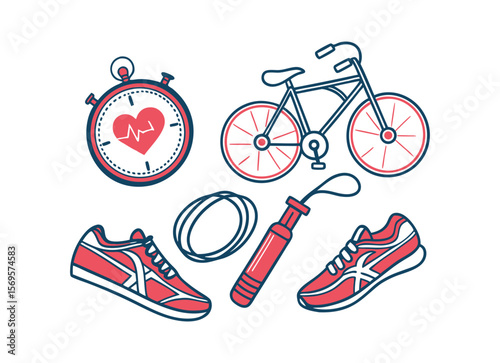 Fitness and Exercise Equipment Illustration with Bicycle Shoes and Heart Rate Monitor.