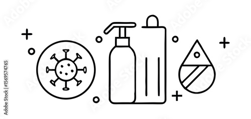 Hand Sanitizer and Virus Prevention Line Art Illustration for Hygiene and Health.