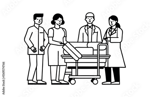 Medical Team Transporting Patient on Gurney in a Black and White Illustration.