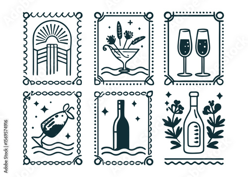 Elegant Black and White Alcohol Themed Stamp Collection with Decorative Borders.