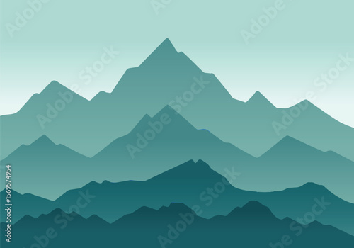 Flat vector green layered mountain landscape in silhouette style