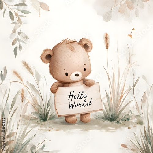 Cute Teddy Bear Holding “Hello World” Sign in Whimsical Nature Setting — Cozy Woodland Illustration for Baby Greeting and Emotional Decor