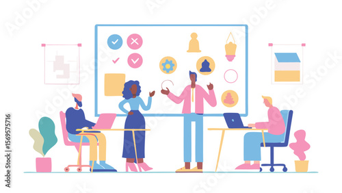 People collaborating in an office setting with whiteboard and laptops on tables in a bright room