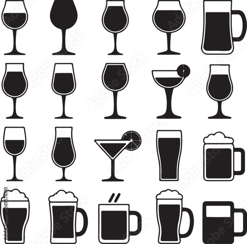 Black Silhouette Icons of Various Glassware Wine Glasses Beer Mugs and Cocktail Glasses