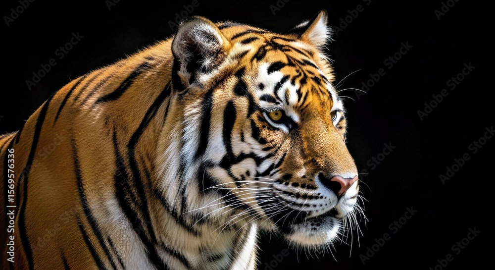 Naklejka premium Tiger Portrait View Striking Majestic Black Background Big Cat Wildlife