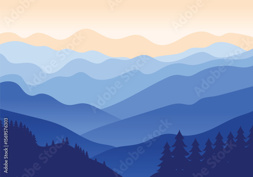 Flat vector blue layered mountain landscape with orange sunset sky
