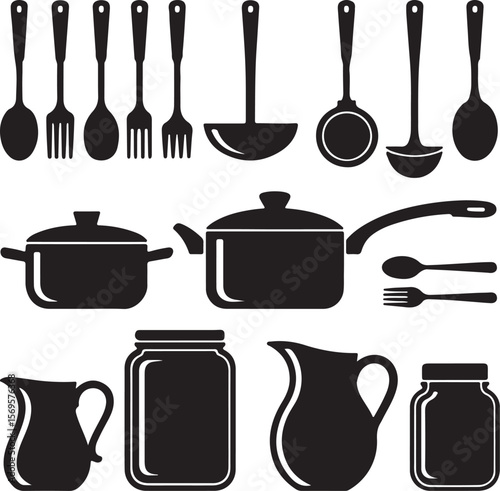 Black Silhouette Kitchen Utensils and Cookware Collection Spoons Forks Ladles Pots Pans Pitchers Jars Graphic Design Elements