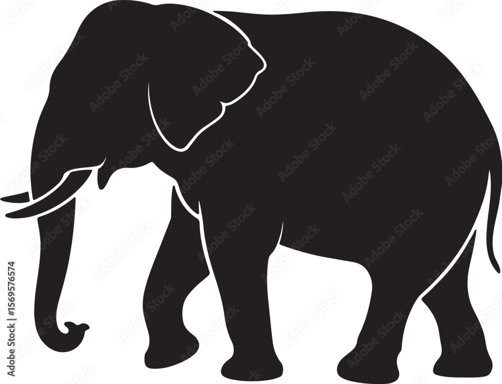 Fototapeta premium Black Silhouette of an Adult Elephant Walking Left Profile View Simple Graphic Design Illustration
