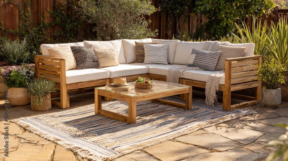 Durable acacia wood lounge set with support rails, protected with clear acrylic coating Durable acacia wood lounge set with support rails, protected with clear acrylic coating