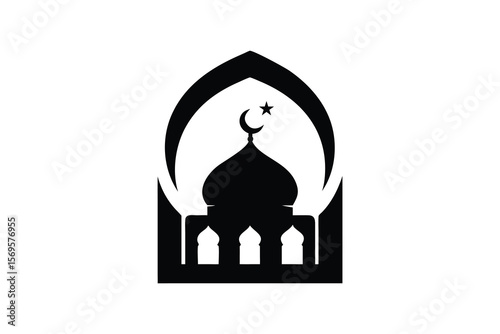A striking black silhouette of a mosque with a crescent moon and star atop its dome framed by an arched gateway representing islamic architecture and faith