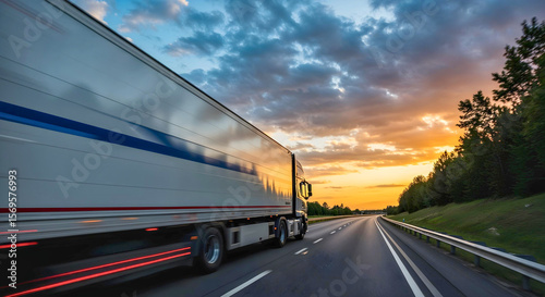 White and blue semi-truck speeds down highway at vibrant sunset
