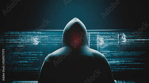 Cyber Shadow: A silhouette of a hooded figure looms menacingly before a monitor displaying cascading lines of code and ominous dollar signs, representing the unseen threat of cybercrime.