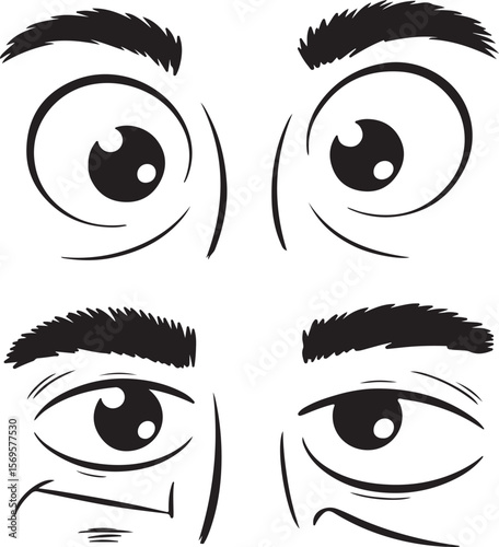 Four stylized black and white illustrations of human eyes and eyebrows depicting different expressions including wideeyed surprised and tired