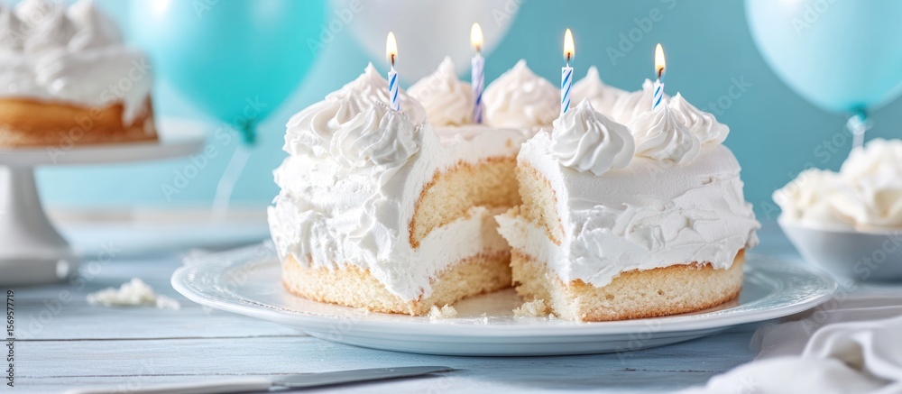 Fototapeta premium Celebratory birthday cake with vanilla frosting and blue balloons background