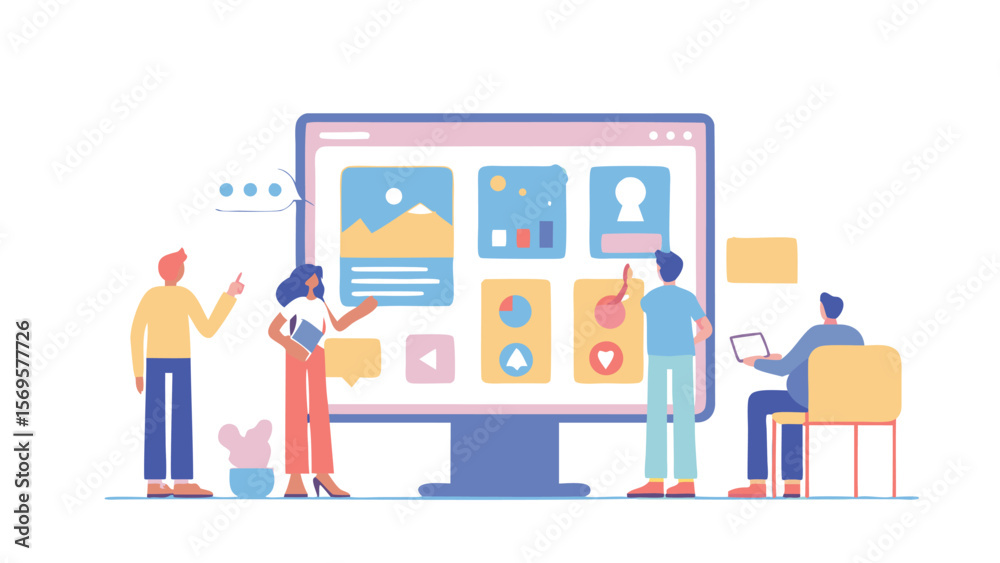 Naklejka premium Team collaborating on a large monitor displaying various user interface elements and data visualizations