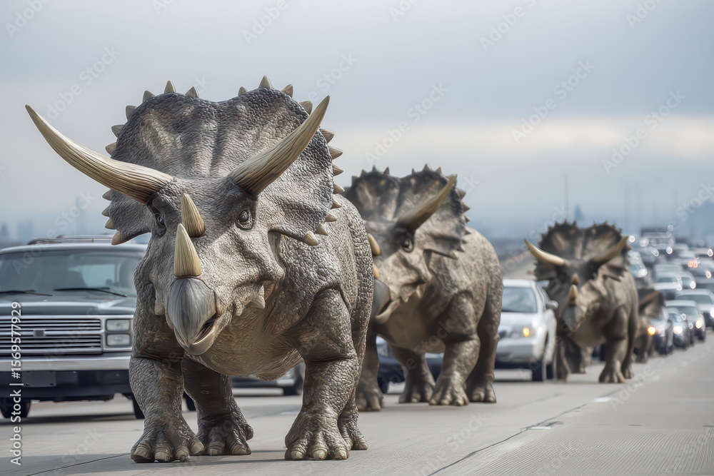 Fototapeta premium Triceratops crossing a busy highway among stopped cars in a modern urban setting during daytime