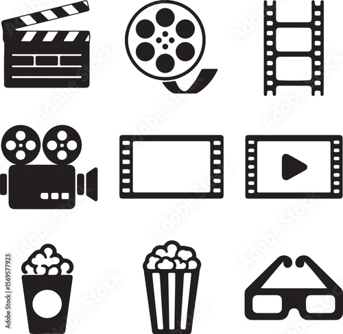 Nine Black Silhouette Icons Depicting Filmmaking Cinema Movie Reel Clapperboard Camera Popcorn 3 D Glasses