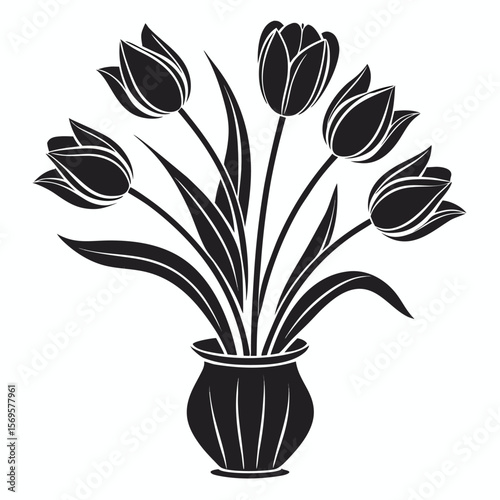 Black and White Tulip Silhouette Isolated on White Background